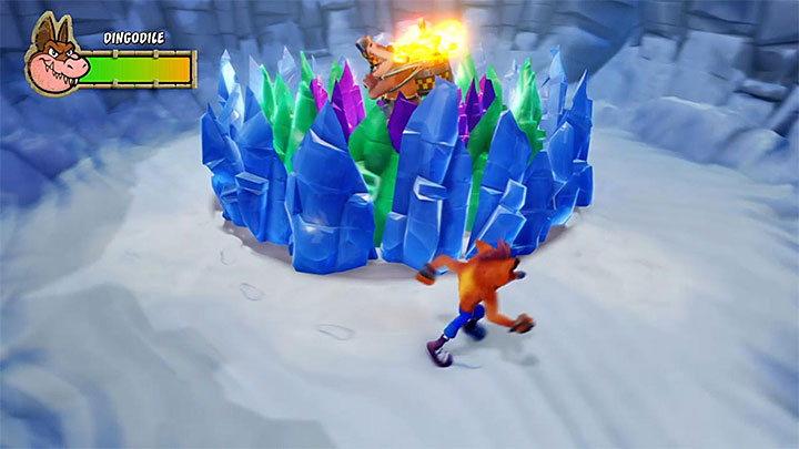 During the battle, Dingodile will use a flamethrower and he starts with bombarding the area - Crash Bandicoot N. Sane Trilogy: Dingodile Boss fights 3 Warped - Crash Bandicoot N. Sane Trilogy: Crash Bandicoot 3 Warped - Crash Bandicoot N. Sane Trilogy Game Guide