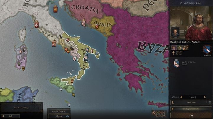 Start date: 867, difficulty: medium - Robert de Hauteville is a famous Norman conqueror from the second half of the IX century - Crusader Kings 3: Interesting starting locations - Basics - Crusader Kings 3 Guide