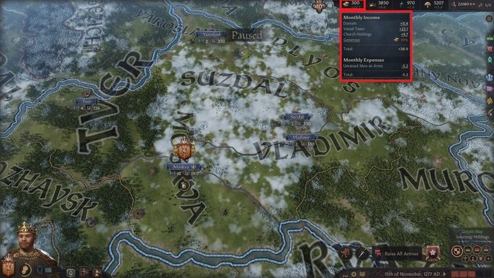 You can check the status of your resources at any time in the upper left corner of the screen - Crusader Kings 3: Gold and buildings - Kingdom management - Crusader Kings 3 Guide