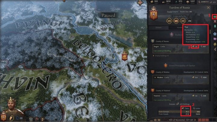 Detailed information on taxes can also be found in the Domain tab (1) - Crusader Kings 3: Gold and buildings - Kingdom management - Crusader Kings 3 Guide