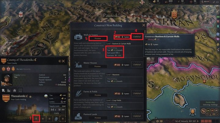 You can only place new buildings on free slots, meaning those marked with a plus icon (1) - Crusader Kings 3: Gold and buildings - Kingdom management - Crusader Kings 3 Guide