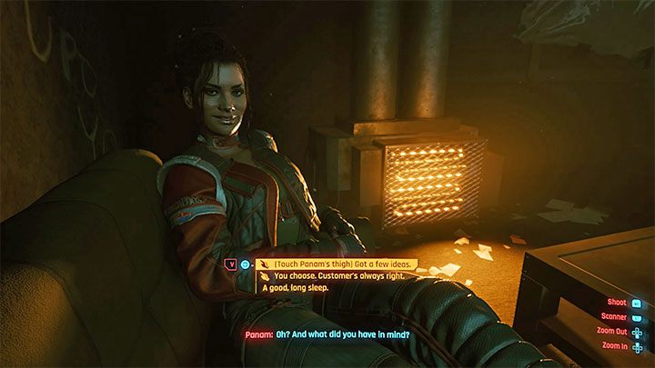 2) Choose any dialog option marked with a hand icon - You can try to put your hand on Panama's thigh (first dialog option - don't worry about its result because the affair won't be failed) or let her take over (second dialog option) - Cyberpunk 2077: Panam Palmer - romances/sex - Cyberpunk 2077: Romances - Cyberpunk 2077 Guide