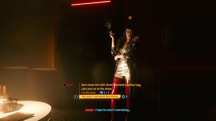 The conversation with Evelyn Parker may vary slightly depending on how you have developed your character and which dialogue options (related to different attributes or origins) you use - Cyberpunk 2077: The Information walkthrough - Cyberpunk 2077: Act 1 Main Missions - Cyberpunk 2077 Guide