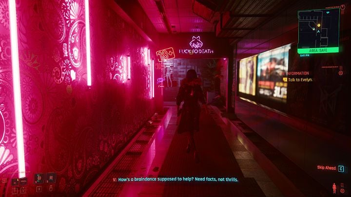 After the conversation, leave the VIP room and follow Evelyn to the place where you will be able to use braindance and watch the recording from inside Yorinobu's apartment, which will certainly make your task easier - Cyberpunk 2077: The Information walkthrough - Cyberpunk 2077: Act 1 Main Missions - Cyberpunk 2077 Guide