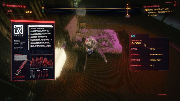 Your new main goal is to scan the datapad on the visual layer - Cyberpunk 2077: The Information walkthrough - Cyberpunk 2077: Act 1 Main Missions - Cyberpunk 2077 Guide