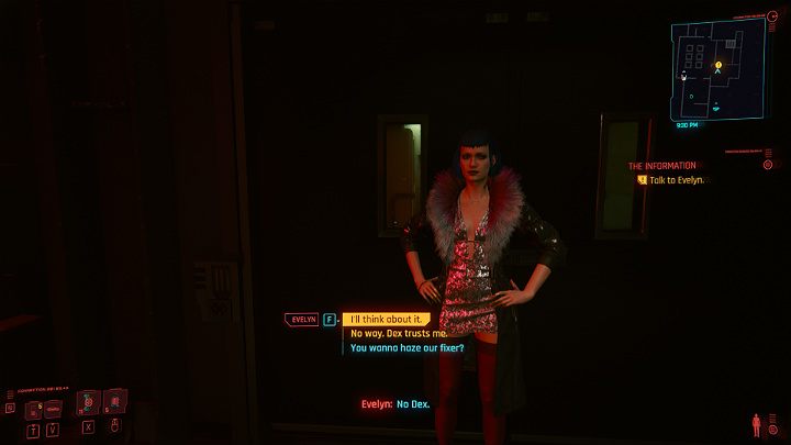 During the conversation, Evelyn suggests that V should do the job directly for her, without sharing the profit with anyone else - Cyberpunk 2077: The Information walkthrough - Cyberpunk 2077: Act 1 Main Missions - Cyberpunk 2077 Guide