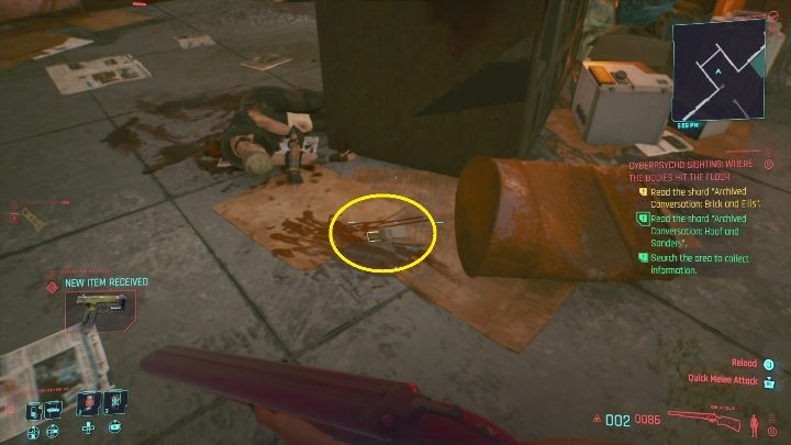 After neutralizing your opponent, get the necessary information: You will find the shards by searching Carter, the corpse lying next to the dumpster, and those in the very corner of the alley - Cyberpunk 2077: Where the Bodies Hit the Floor, cyberpsycho sighting walkthrough - Cyberpunk 2077: Cyberpsycho Sighting - mini-bosses - Cyberpunk 2077 Guide