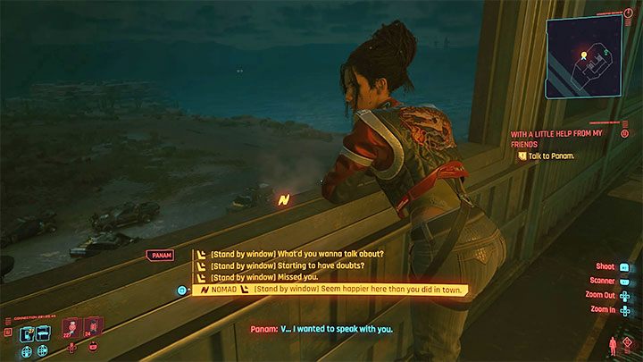 Panam will lean against the railing and zou will start talking - Cyberpunk 2077: With a Little Help from My Friends (Panam) - walkthrough - Cyberpunk 2077: Storyline quests - Cyberpunk 2077 Guide