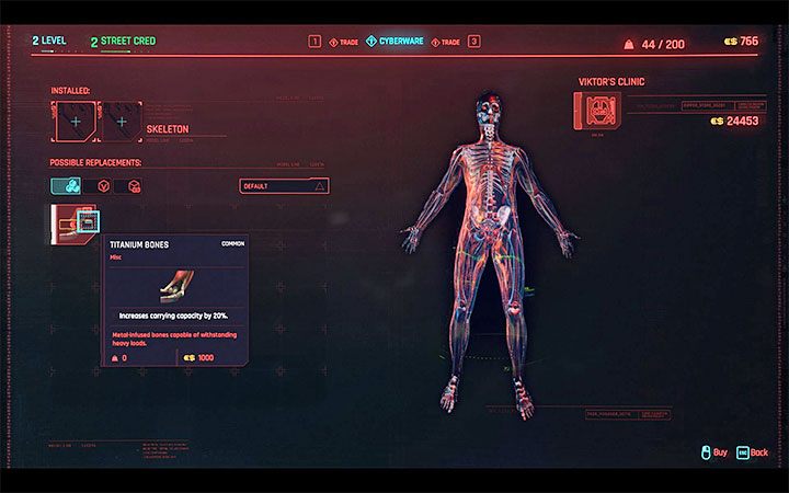 Another method involves the purchase and installation of a Titanium Bones cyberware from the Skeleton category - Cyberpunk 2077: How to increase weight capacity? - Cyberpunk 2077: V - main character - Cyberpunk 2077 Guide