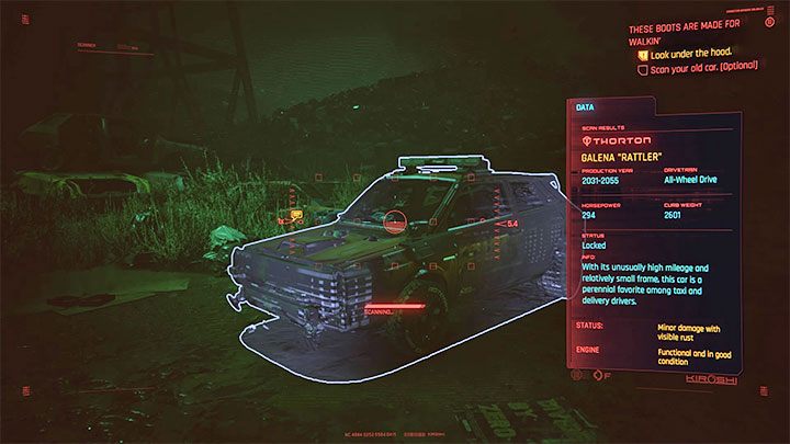 When you get there, start by scanning the car - Cyberpunk 2077: These Boots Are Made for Walkin walkthrough - Cyberpunk 2077: Exploration Side missions - Cyberpunk 2077 Guide