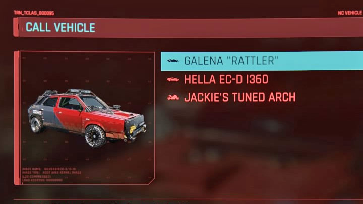 If you chose the second or third variant from the above list, a new car - Galena "Rattler" - will appear on the list of vehicles belonging to V - Cyberpunk 2077: These Boots Are Made for Walkin walkthrough - Cyberpunk 2077: Exploration Side missions - Cyberpunk 2077 Guide