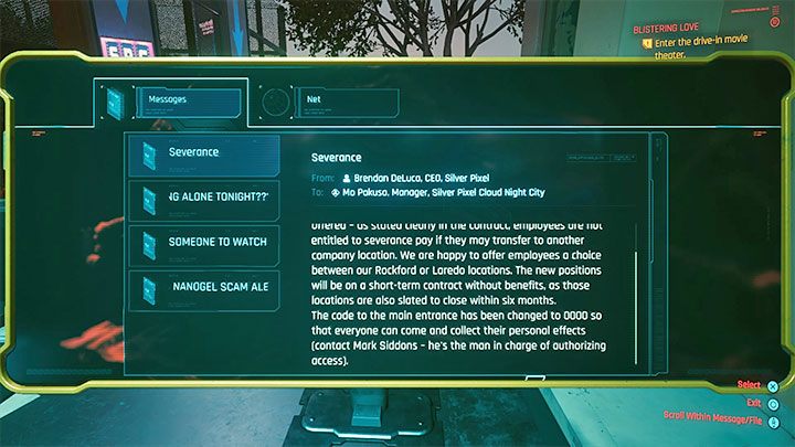 You need to solve a small puzzle in order to open the door to the drive-in cinema - Cyberpunk 2077: Blistering Love (Rogue, Johnny) - walkthrough - Cyberpunk 2077: Storyline quests - Cyberpunk 2077 Guide