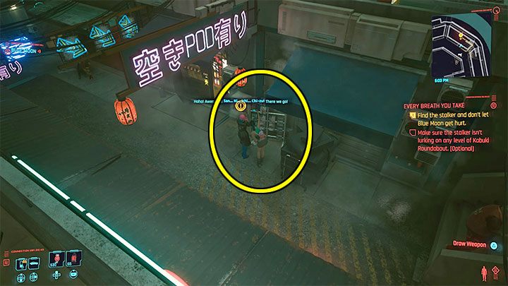 An important piece of information about this quest is that you don't have to follow Blue Moon all the time - Cyberpunk 2077: Every Breath You Take - walkthrough - Cyberpunk 2077: Exploration Side missions - Cyberpunk 2077 Guide