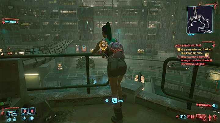 If you want to wait, you can get to the platform shown in the picture on one of the higher levels - Cyberpunk 2077: Every Breath You Take - walkthrough - Cyberpunk 2077: Exploration Side missions - Cyberpunk 2077 Guide