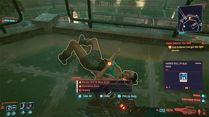 You can easily find out that you stunned/killed the right person - search the stalker's body to find her diary - Cyberpunk 2077: Every Breath You Take - walkthrough - Cyberpunk 2077: Exploration Side missions - Cyberpunk 2077 Guide