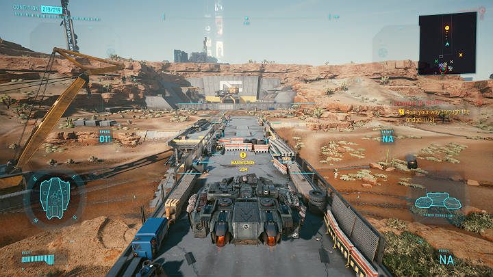 Then fly onto the narrow bridge and take care of two makeshift blockades to pave the way for Aldecaldos - Cyberpunk 2077: Forward to Death - walkthrough - Cyberpunk 2077: Act 3 - Cyberpunk 2077 Guide