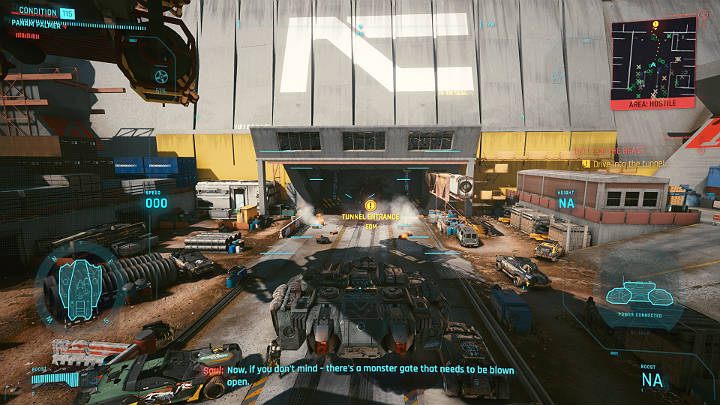 After the fight, return to the construction site and drive straight into the tunnel - Cyberpunk 2077: Forward to Death - walkthrough - Cyberpunk 2077: Act 3 - Cyberpunk 2077 Guide