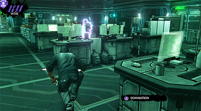 Return to the main part of the room and slowly start moving in on an armored opponent seen on the screen above - M17 Base - headquarters - Chapter 6 - DARK - Game Guide and Walkthrough