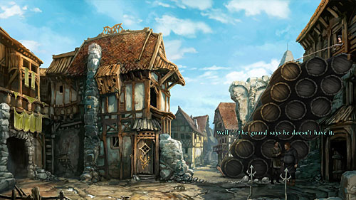 Notice Olgierd and Ulfried standing next to the pile of barrels - Crows! - The Dark Eye - Chains of Satinav - Game Guide and Walkthrough