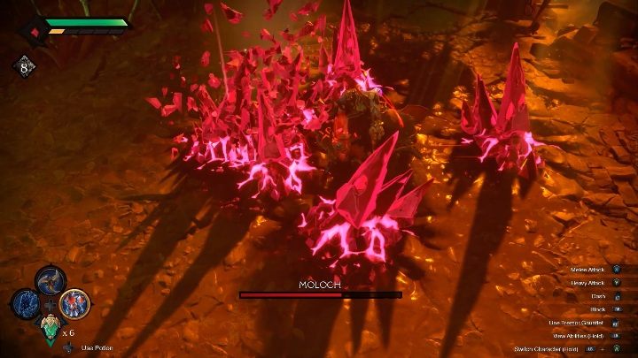 The boss can also place exploding rocks - Moloch - chapter 16 | Boss in Darksiders Genesis - Bosses and mini-bosses - Darksiders Genesis Guide