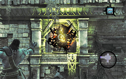 The only difference is that dormant shadowbombs don't blow up the moment they touch the target, so you have to shoot the one which you've attached to the ball with the pistol - Restore the Tears of the Mountain (1) - The Tears of the Mountain - Darksiders II - Game Guide and Walkthrough