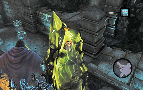 Grab one and aim it at the yellow object on the screen, which is blocking the way to a ball - Restore the Tears of the Mountain (2) - The Tears of the Mountain - Darksiders II - Game Guide and Walkthrough