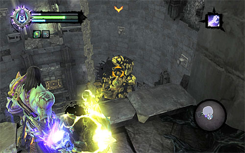 Once you're on the top shelf, pick up a shadowbomb and throw it at the yellow formation on the screen - Find the last Soul - Judicator - Darksiders II - Game Guide and Walkthrough