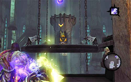 Make a jump, using Death Grip on the elevator and turn the upper structure, so as to make the United switch with a yellow formations facing towards the balcony that you have just came from - Explore the City of the Dead - upper levels (2) - The City of the Dead - Darksiders II - Game Guide and Walkthrough