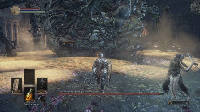 Whenever the creature tries to pull you in, dodge to a safe distance. - Curse-Rotted Greatwood - Bosses - Dark Souls III Game Guide & Walkthrough