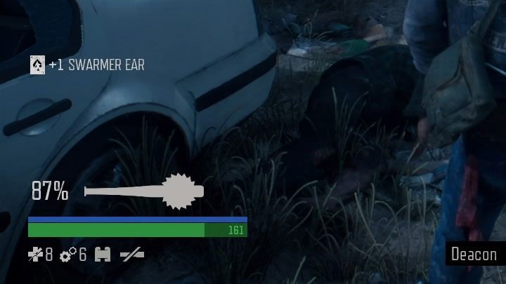 The current state of the melee weapon is displayed in the lower left corner of the screen - in the example shown in the provided image, the durability of the Bat Axe equals 87% - Days Gone: How to repair weapons? - Character and inventory - Days Gone Guide