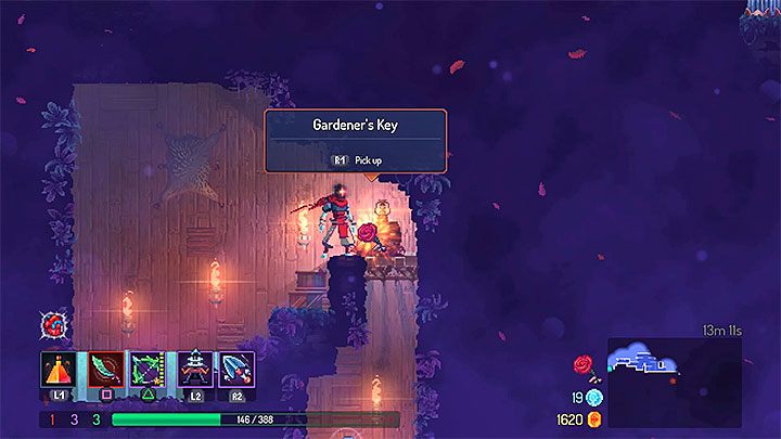 Look for an icon symbolizing the ability to ram through the floor using the Ram Rune - screenshot 1 depicts an example of such place - How to acquire Gardeners Key in Dead Cells? - FAQ - Dead Cells Game Guide