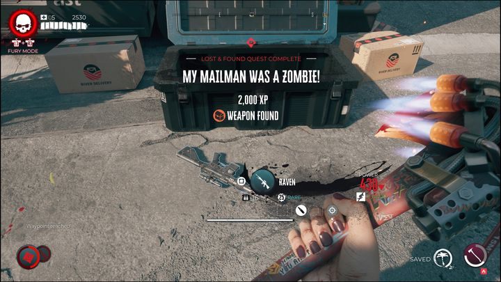 Successfully completing the quest yields 2,000 XP and a weapon (Raven) - Dead Island 2: My Mailman Was A Zombie - Lost and found - Dead Island 2 Guide