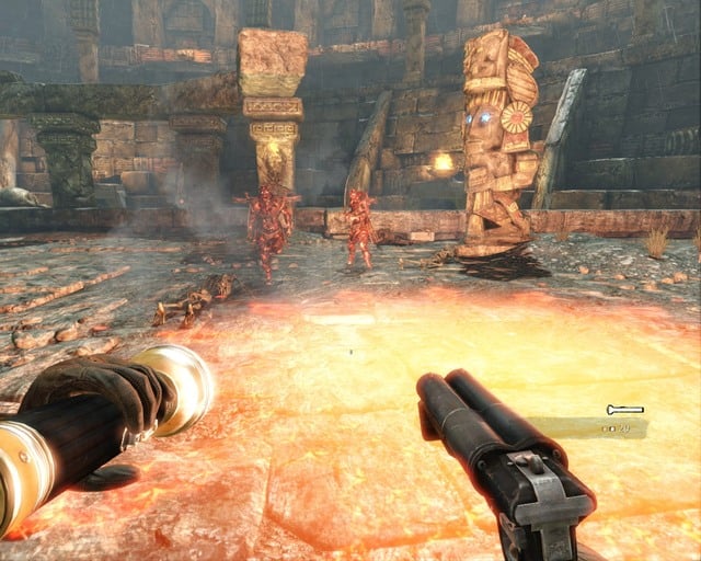 Stand behind the statues and activate them by lighting up the crystals behind them. - Mayan Temple | Walkthrough - Walkthrough - Deadfall Adventures Game Guide & Walkthrough