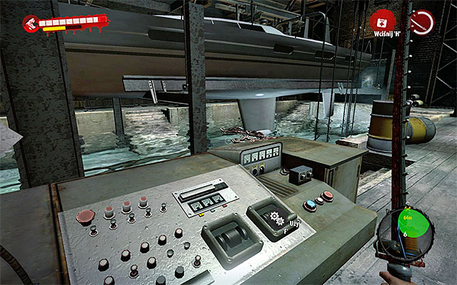 Look around and turn left to reach a console which descends the boat (screen above) - Launch the boat | Chapter 13 - With the Tide - Chapter 13 - With the Tide - Dead Island Riptide Game Guide