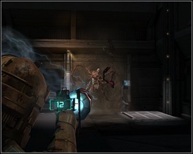 Enter the room and use kinesis on the red barrel to take down the necromorph that attached itself to the wall - Lethal Devotion Part 1 | Walkthrough - Walkthrough - Dead Space Game Guide & Walkthrough