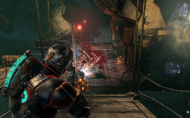 After leaving the room you should see another mechanism with lines - after few steps youll get attacked by a horde of Necromorphs - Follow Danik down the Research Silo | 16: What Lies Below - 16: What Lies Below - Dead Space 3 Game Guide