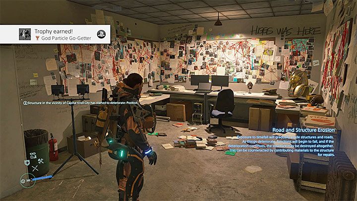 Enter a room with numerous notes hanging on the walls - God Particle Go-Getter trophy | Death Stranding - Trophy Guide - Death Stranding Guide