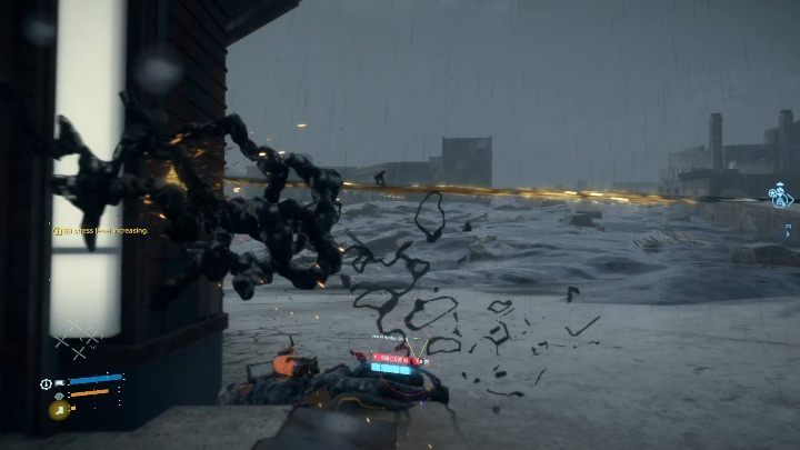 The third attack (and hardest to avoid) is a ray beam that throws the hero off balance - Four-legged beast | Death Stranding Boss - Bosses - Death Stranding Guide