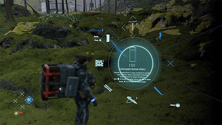 After a container has been damaged, select it from the inventory and put it on the ground - How to repair a damaged cargo in Death Stranding? - Exploration and cargo transportation - Death Stranding Guide