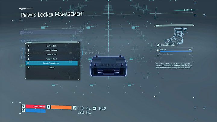 When you select the option to open a Private Locker, you can move selected items from your inventory to it - Where to store unnecessary equipment in Death Stranding? - Exploration and cargo transportation - Death Stranding Guide