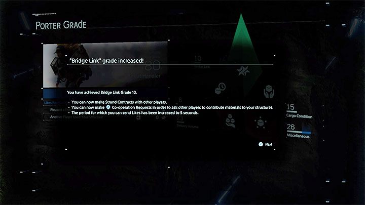 Each development of a Porter Grade category by 10 levels gives you a reward, which, for example, increases the heros statistics or helps in progressing through the campaign - What is the Porter Grade in Death Stranding? - Exploration and cargo transportation - Death Stranding Guide