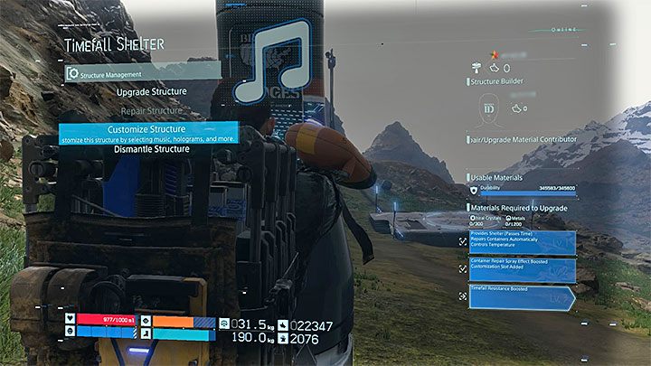 Once a structure is improved, interact with it again and select Customize Structure option - How to create holograms in Death Stranding? - Multiplayer and social elements - Death Stranding Guide