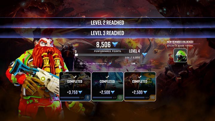 After completing a mission, players receive a certain number of Performance Points, as well as rewards for entering the next level of the season pass - Deep Rock Galactic: Performance Pass - Basics - Deep Rock Galactic Guide