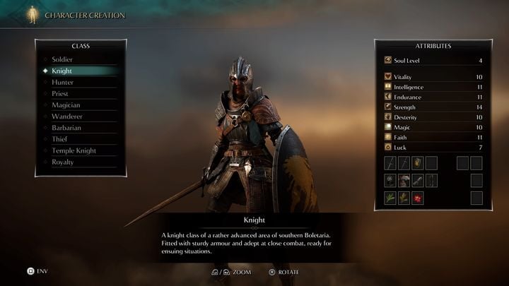 The Knight has slightly less health, due to the lower number of vitality points, however, it is the most "leveled" character in terms of statistics, which means that he is quite good in everything (except for luck, which affects the loot and critical damage, bleeding, etc - Demons Souls Remake: Character Classes - list - Character development - Demons Souls Remake Guide