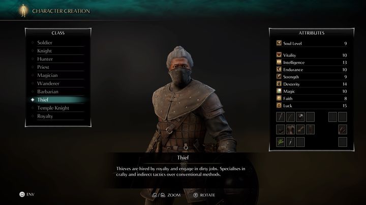 The thief is characterized by many luck points, which is a parameter responsible for additional critical damage, poisoning, bleeding, but also for more loot dropped by the opponents more frequently - Demons Souls Remake: Character Classes - list - Character development - Demons Souls Remake Guide