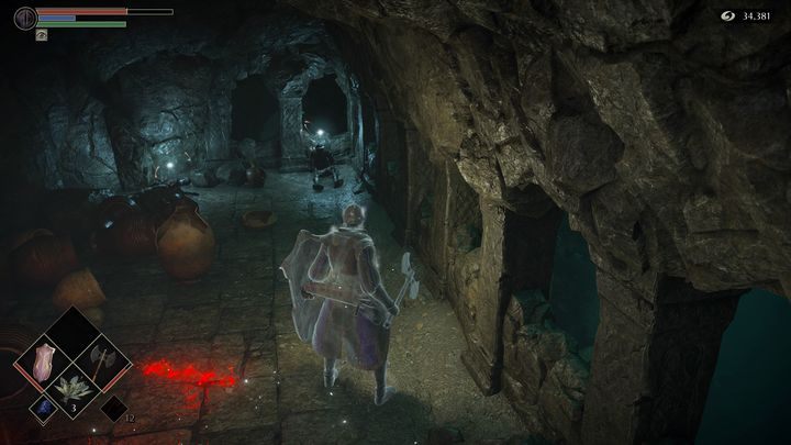 On the right side of the lower floor there are two items to pick up; watch out for ghosts that can attack you as you collect the items, though - Demons Souls Remake: The Ritual Path (4-2) - walkthrough - Temple of Storms (Region 4) - Demons Souls Remake Guide