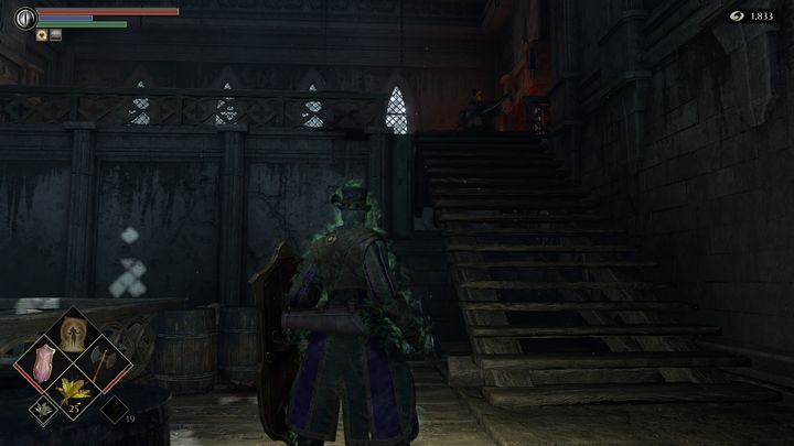 Once you have disguised yourself as an official, another official who is guarding Yuria on the top floor will lower the wooden stairs, allowing you to head upstairs - Demons Souls Remake: Yuria the Witch - how to save? - FAQ - Demons Souls Remake Guide