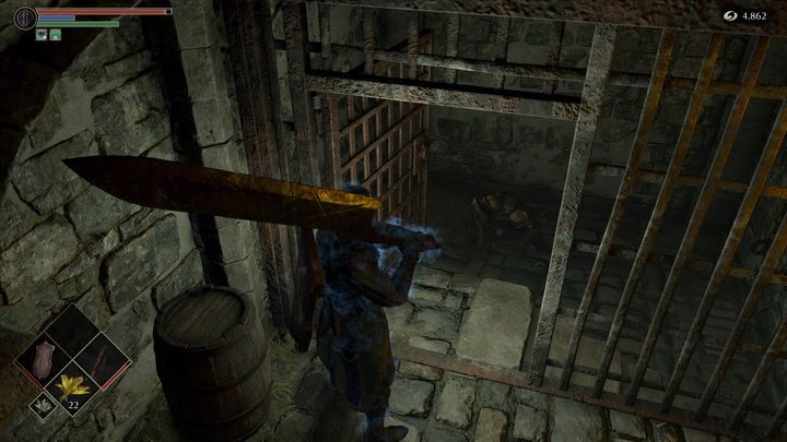 Once you've defeated the official, check out some of the cells below, as several of them contain items you can pick up - Demons Souls Remake: Biorr - how to save? - FAQ - Demons Souls Remake Guide