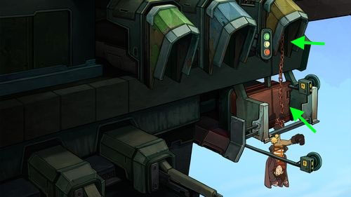 Youre in kind of difficult situation - tied in chains and with head down, on the Organons cruiser - Organons Cruiser | Part 1 - Kuvaq - Part 1 - Kuvaq - Deponia Game Guide & Walkthrough