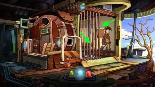 Take the Lock Pick on the bench and use it to open the Cell Grating - Find coffee powder ingredients | Part 1 - Kuvaq - Part 1 - Kuvaq - Deponia Game Guide & Walkthrough